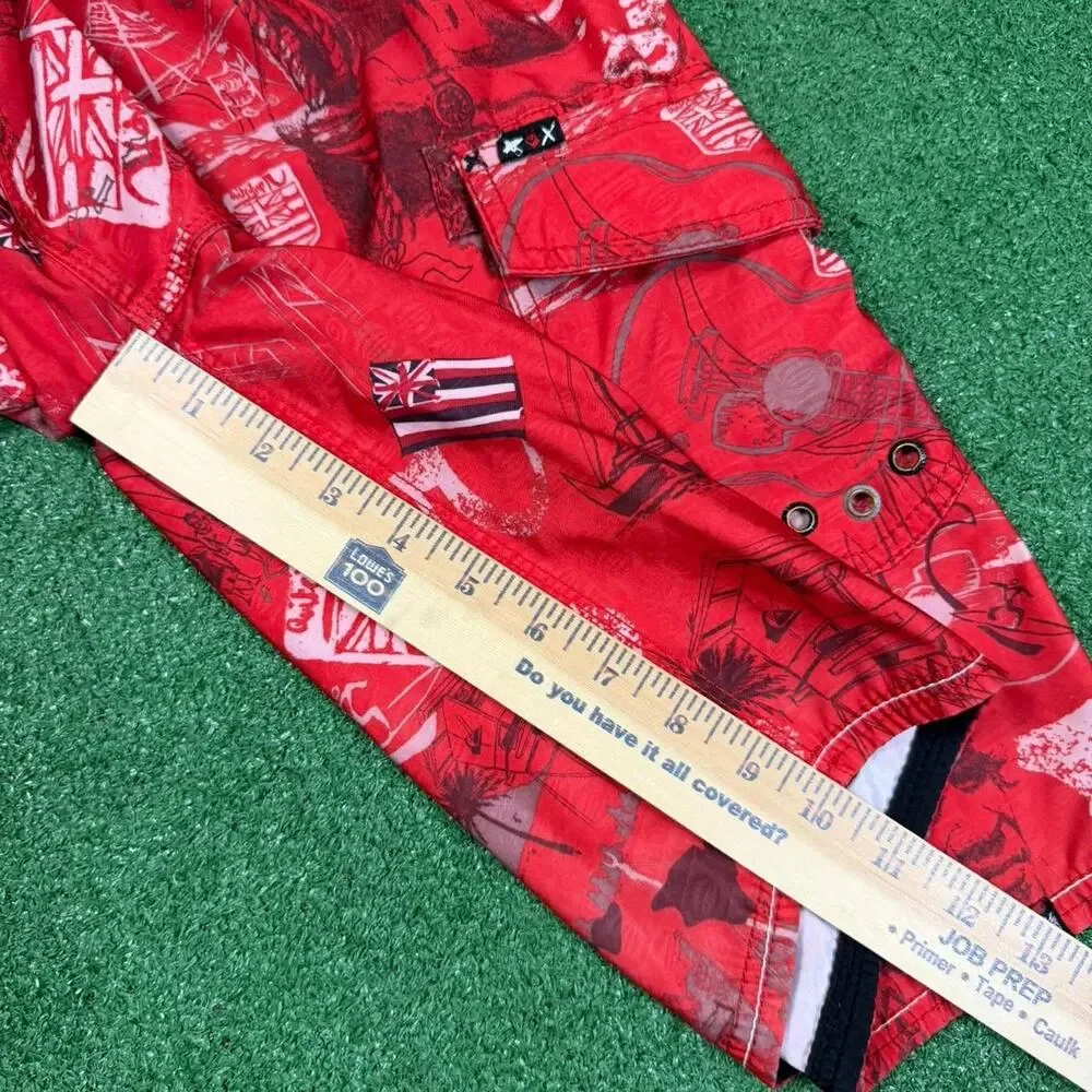 Quiksilver Eddie Aikau Board Shorts Red AOP Y2K Surf Swim Trunks Men’s 32